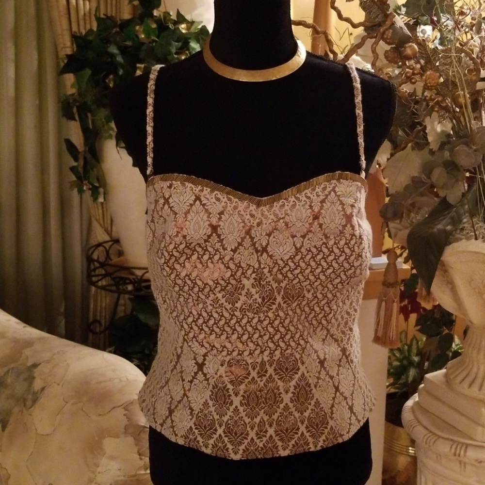 Free People Cream & Metallic  Golden Bronze Brocade Crop Top Size 10